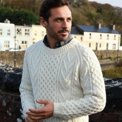 Natural Unisex Hand Knit Crew Neck Aran Sweater