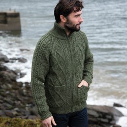 Green Unisex Hand Knit Zip Sweater | Handmade & Handknit Sweater | Aran Sweater | Fisherman Sweater | Cable Knit Sweater | Chunky Sweater