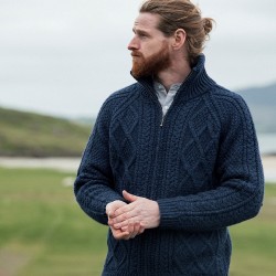 Navy Unisex Aran Handknit Sweater | Hand Knit Aran Zip Cardigan | Irish Sweater For Men & Women | Cable Knit Sweater | Full Zip Aran Jumper