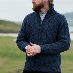 Navy Unisex Aran Handknit Sweater | Hand Knit Aran Zip Cardigan | Irish Sweater For Men & Women | Cable Knit Sweater | Full Zip Aran Jumper